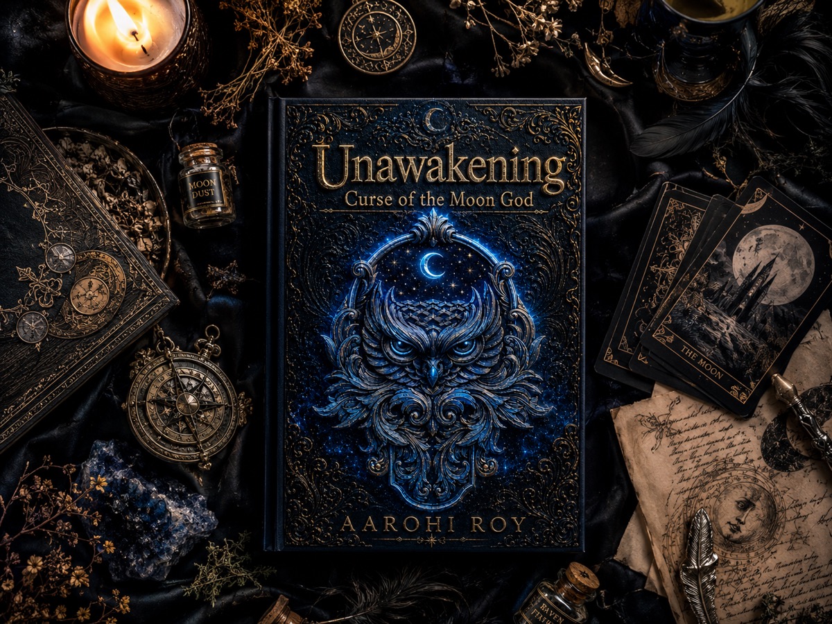 Atmospheric flat lay of Unawakening: Curse of the Moon God with candles, tarot cards, moon symbols, and dark fantasy objects