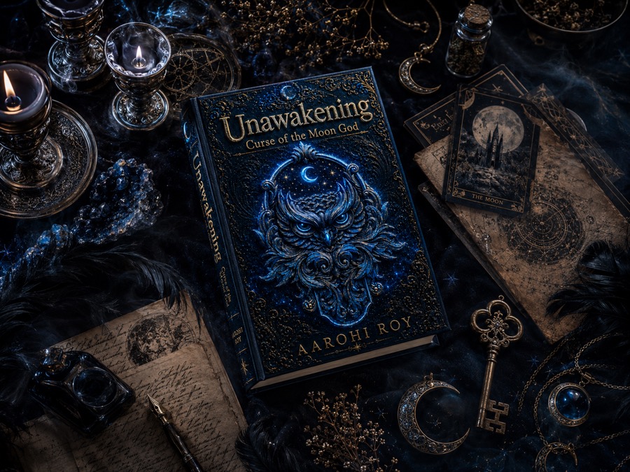 Unawakening book surrounded by moon cards, parchment, and dark fantasy objects